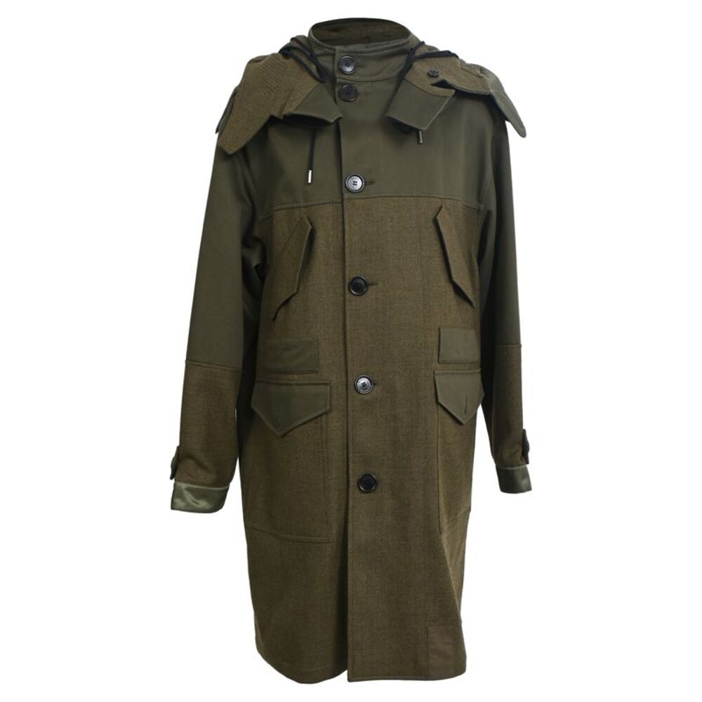 Berluti Button-Down Panelled Hooded Coat in Olive Wool